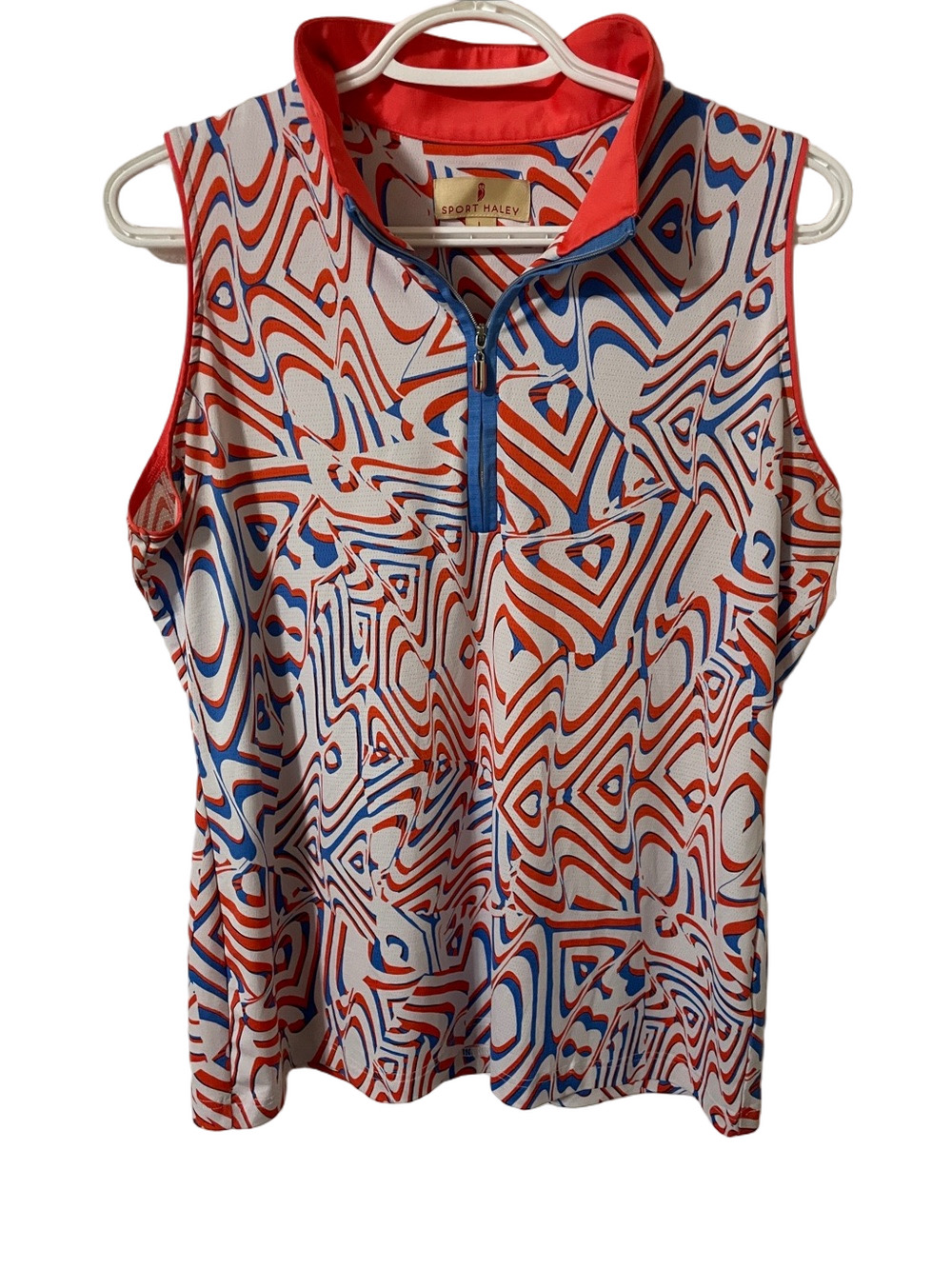 Sport Haley Red & Blue Geometric Zip-Front Sleeveless Top Size Large